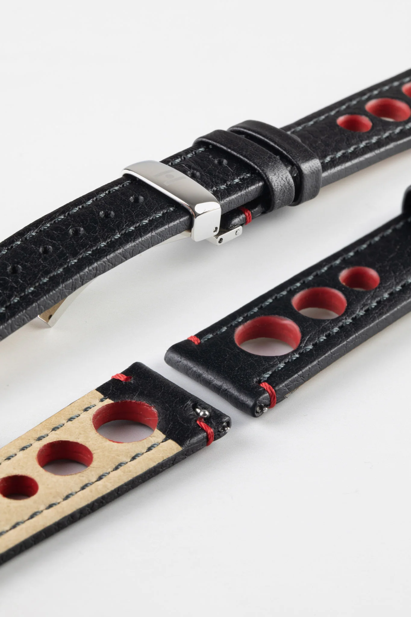 Hirsch RALLY Natural Leather Racing Watch Strap in BLACK / RED - Image 11