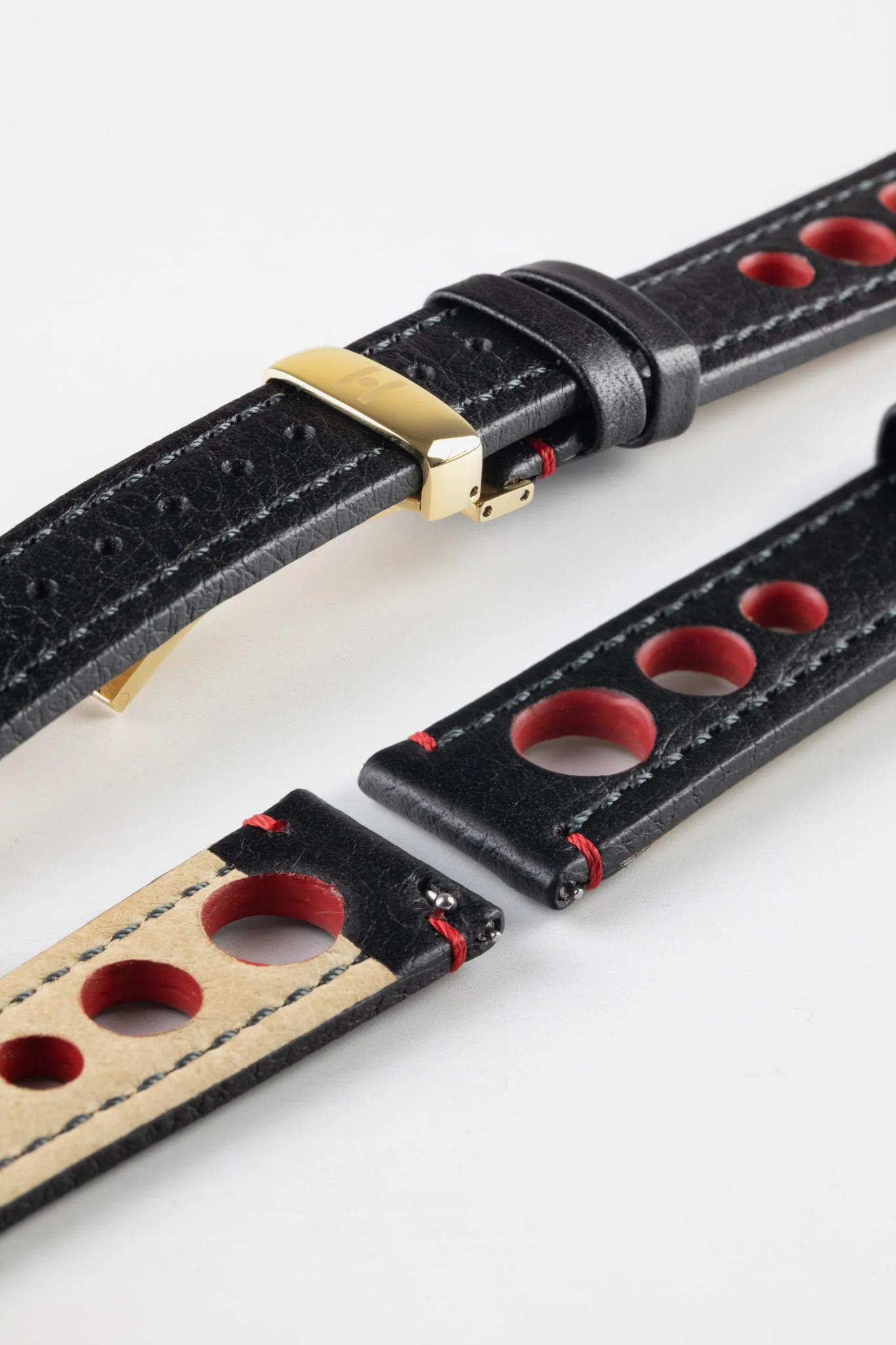 Hirsch RALLY Natural Leather Racing Watch Strap in BLACK / RED - Image 12