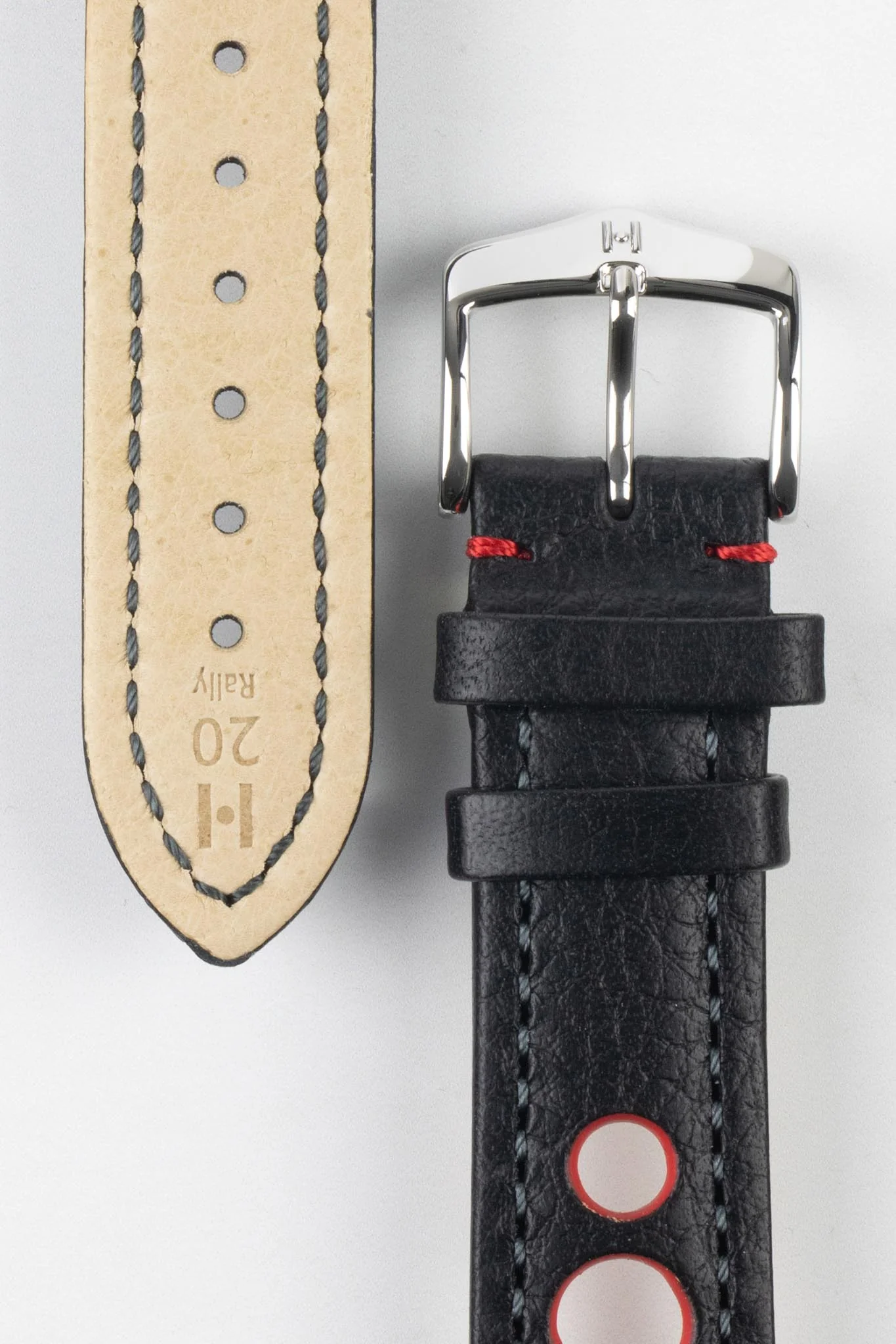 Hirsch RALLY Natural Leather Racing Watch Strap in BLACK / RED - Image 3