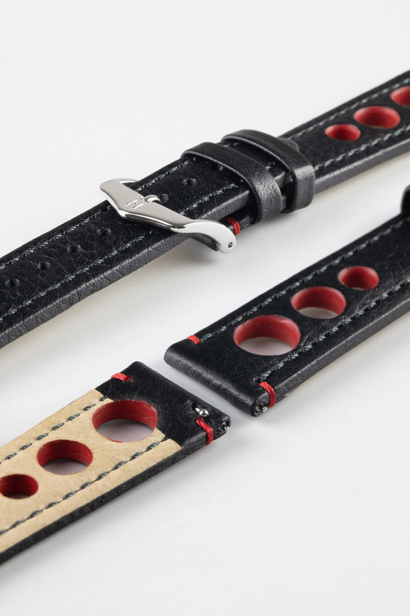 Hirsch RALLY Natural Leather Racing Watch Strap in BLACK / RED - Image 7