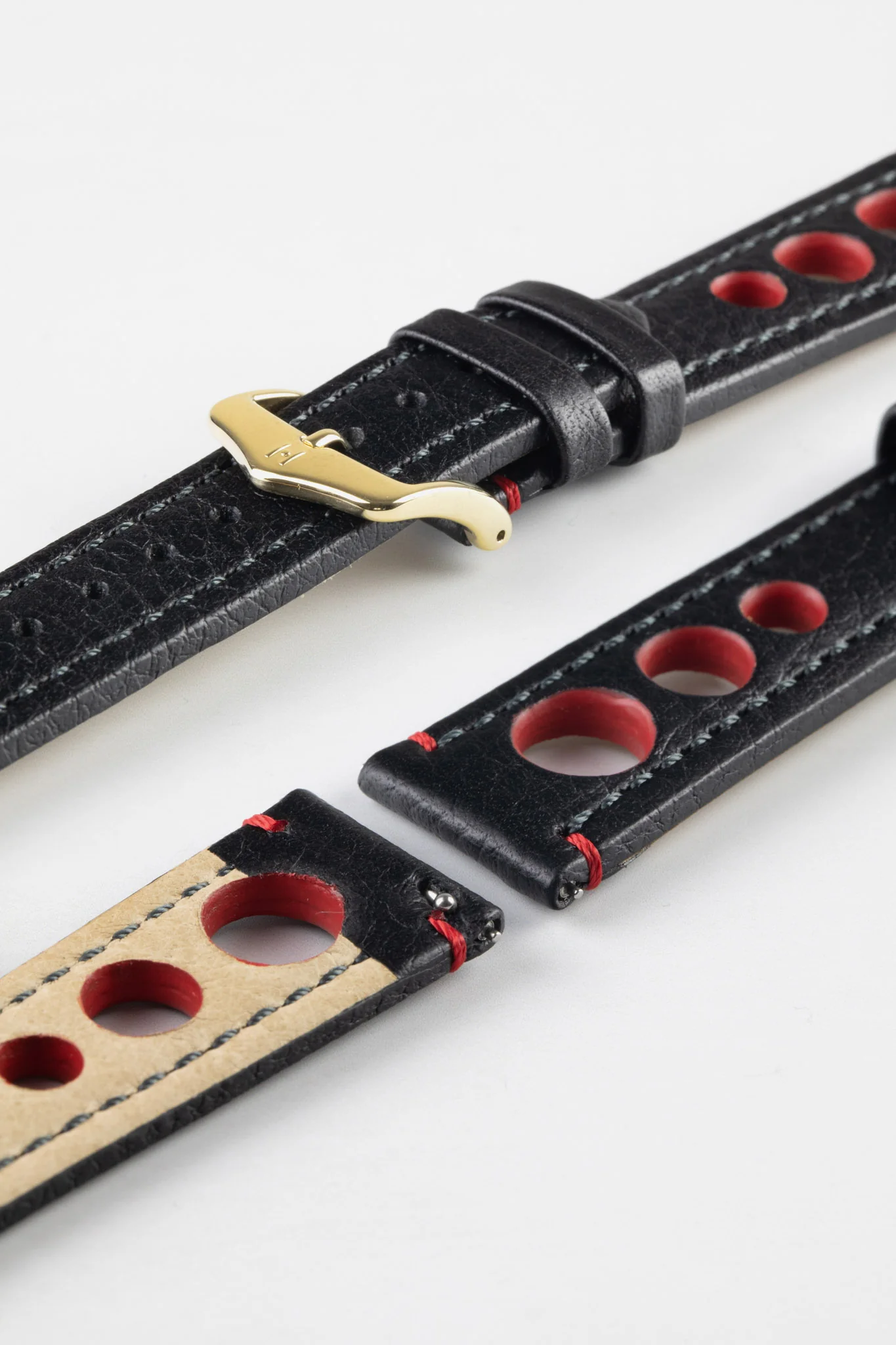 Hirsch RALLY Natural Leather Racing Watch Strap in BLACK / RED - Image 8