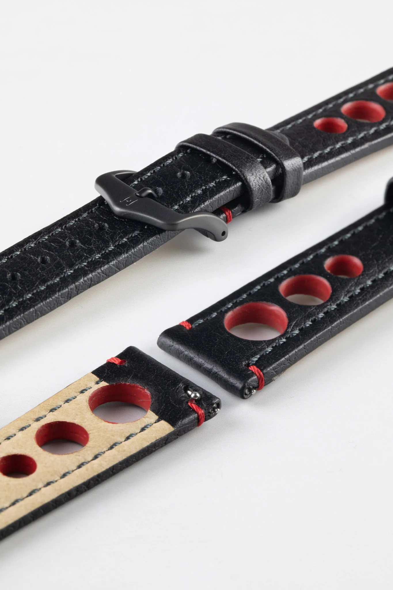 Hirsch RALLY Natural Leather Racing Watch Strap in BLACK / RED - Image 9