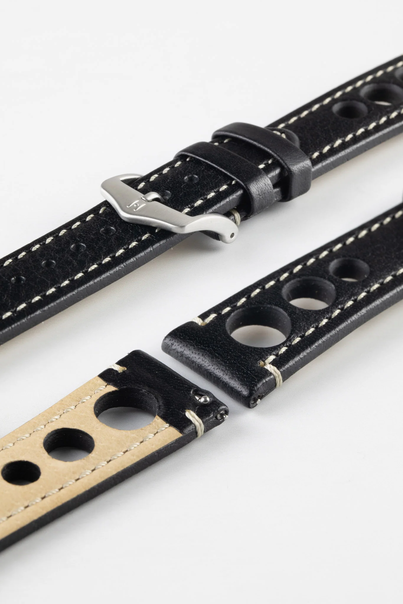 Hirsch RALLY Natural Leather Racing Watch Strap in BLACK & WHITE - Image 10