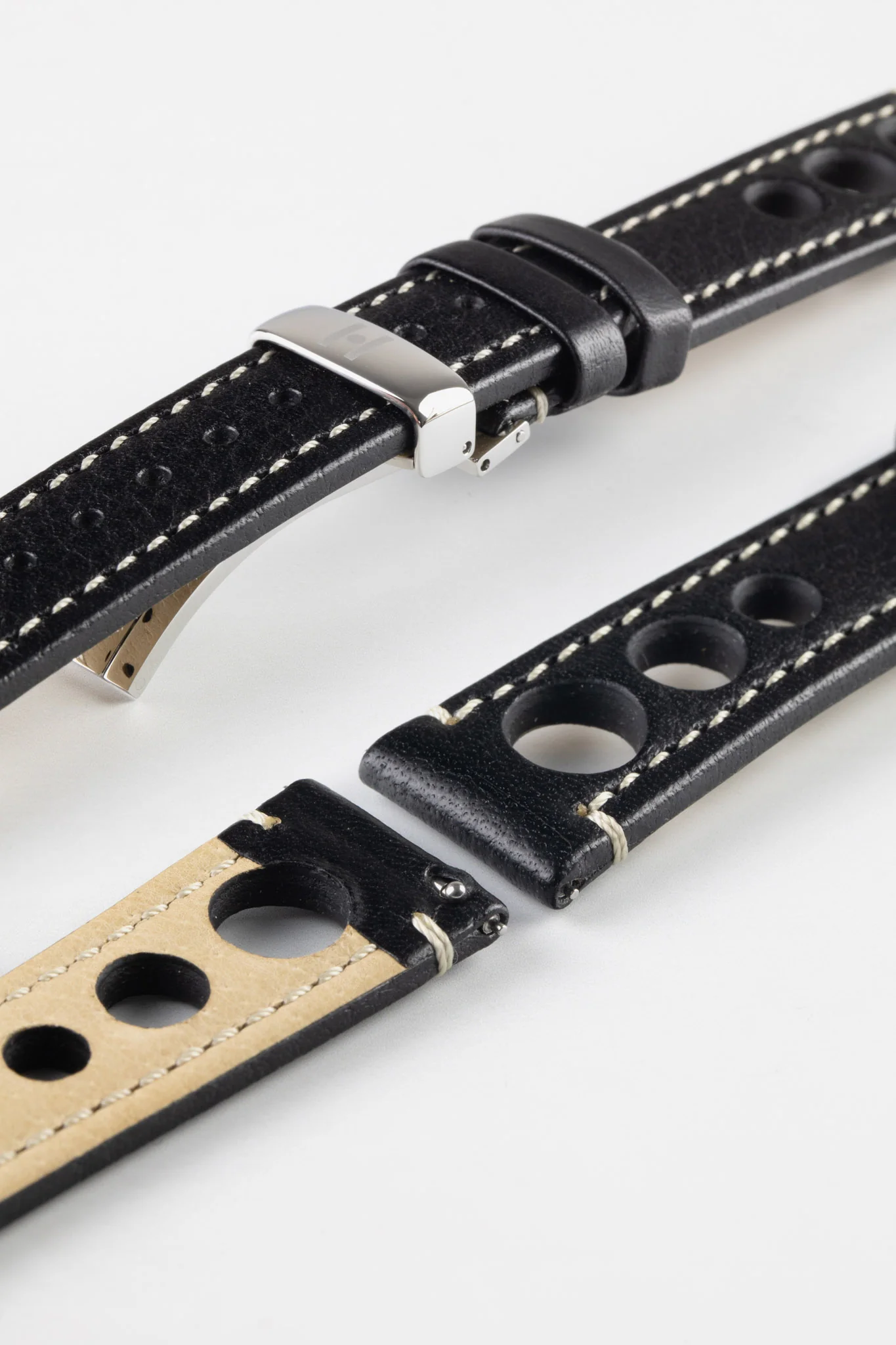 Hirsch RALLY Natural Leather Racing Watch Strap in BLACK & WHITE - Image 11