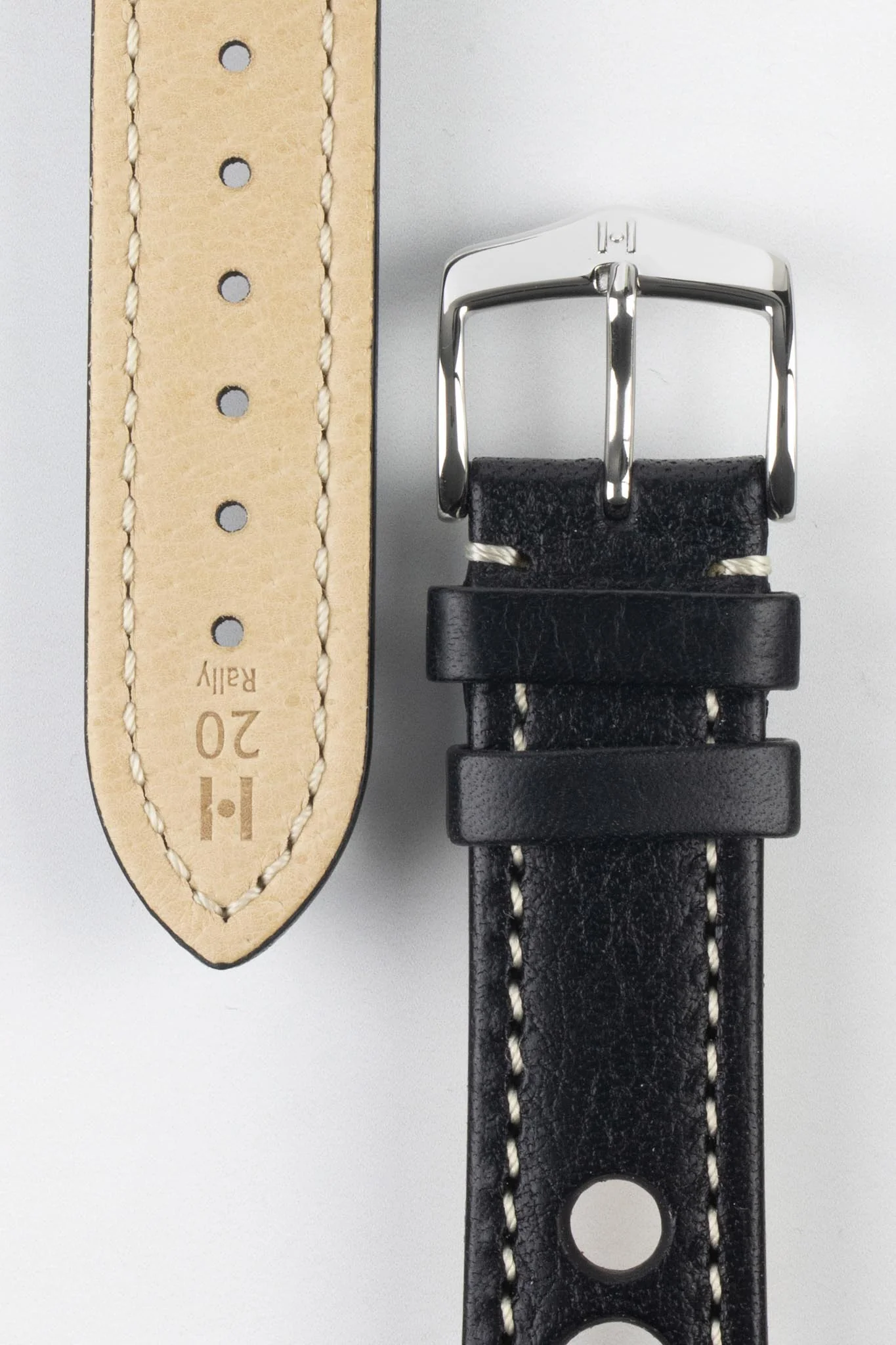 Hirsch RALLY Natural Leather Racing Watch Strap in BLACK & WHITE - Image 3