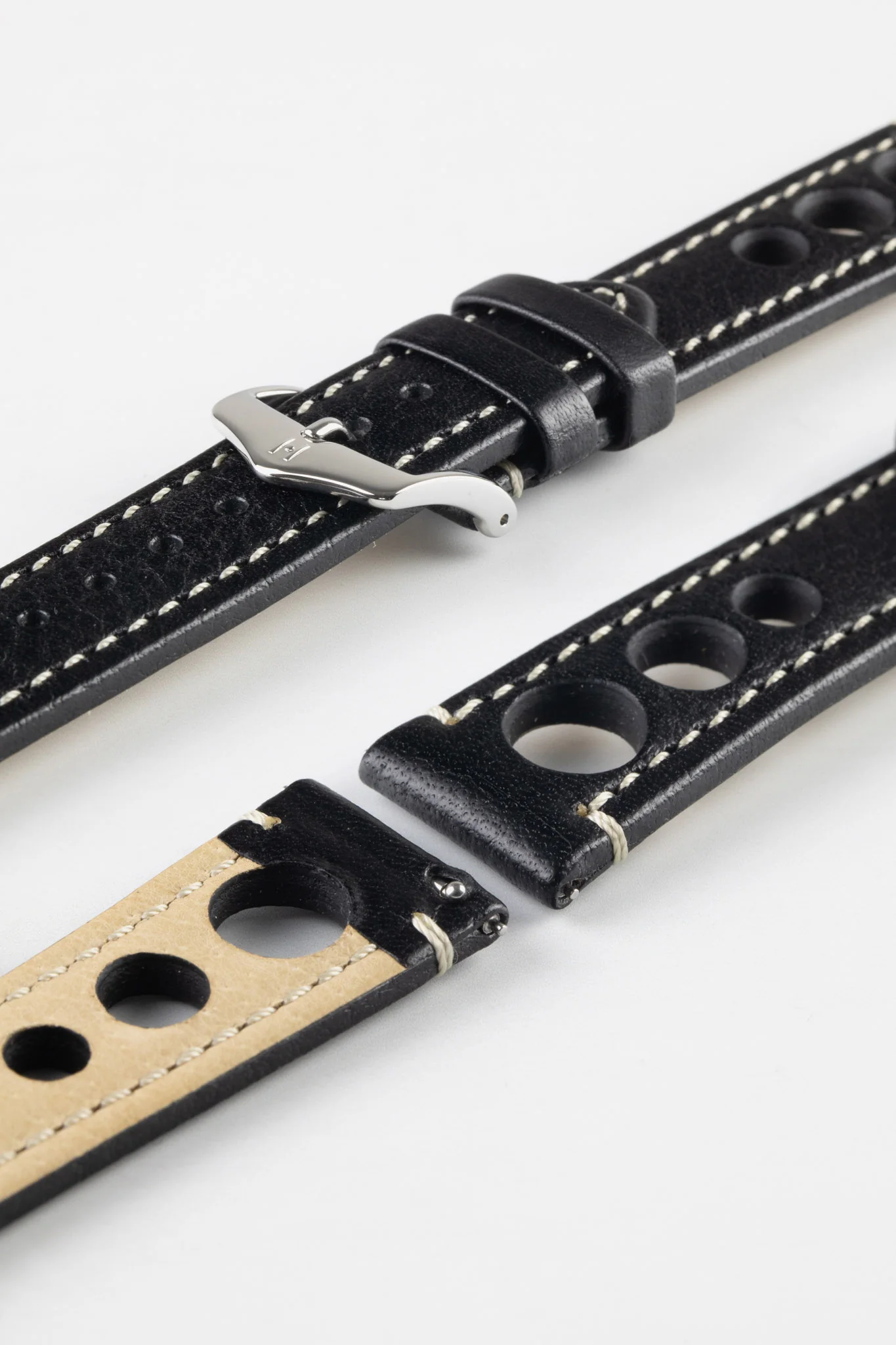 Hirsch RALLY Natural Leather Racing Watch Strap in BLACK & WHITE - Image 7