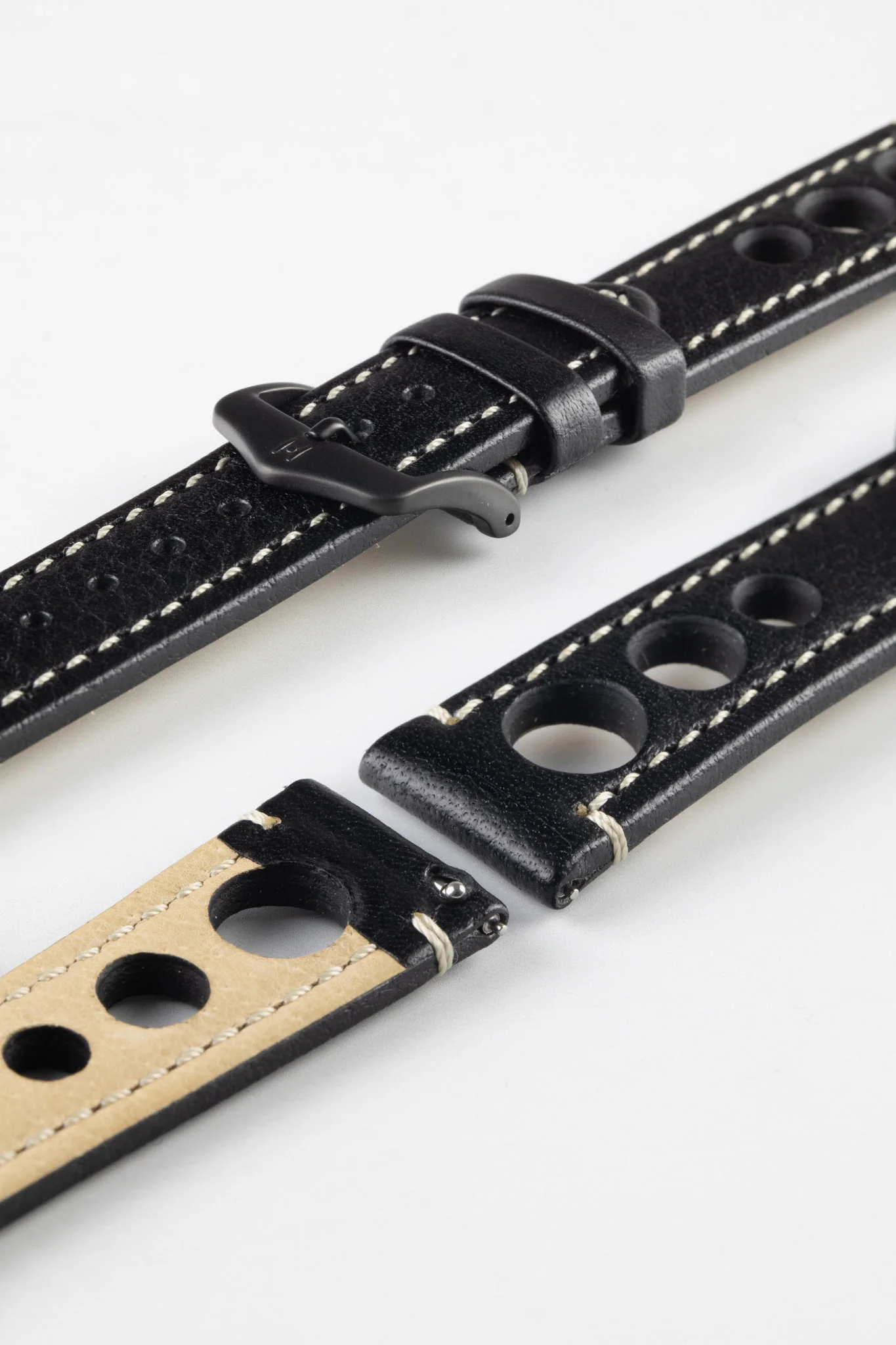 Hirsch RALLY Natural Leather Racing Watch Strap in BLACK & WHITE - Image 9