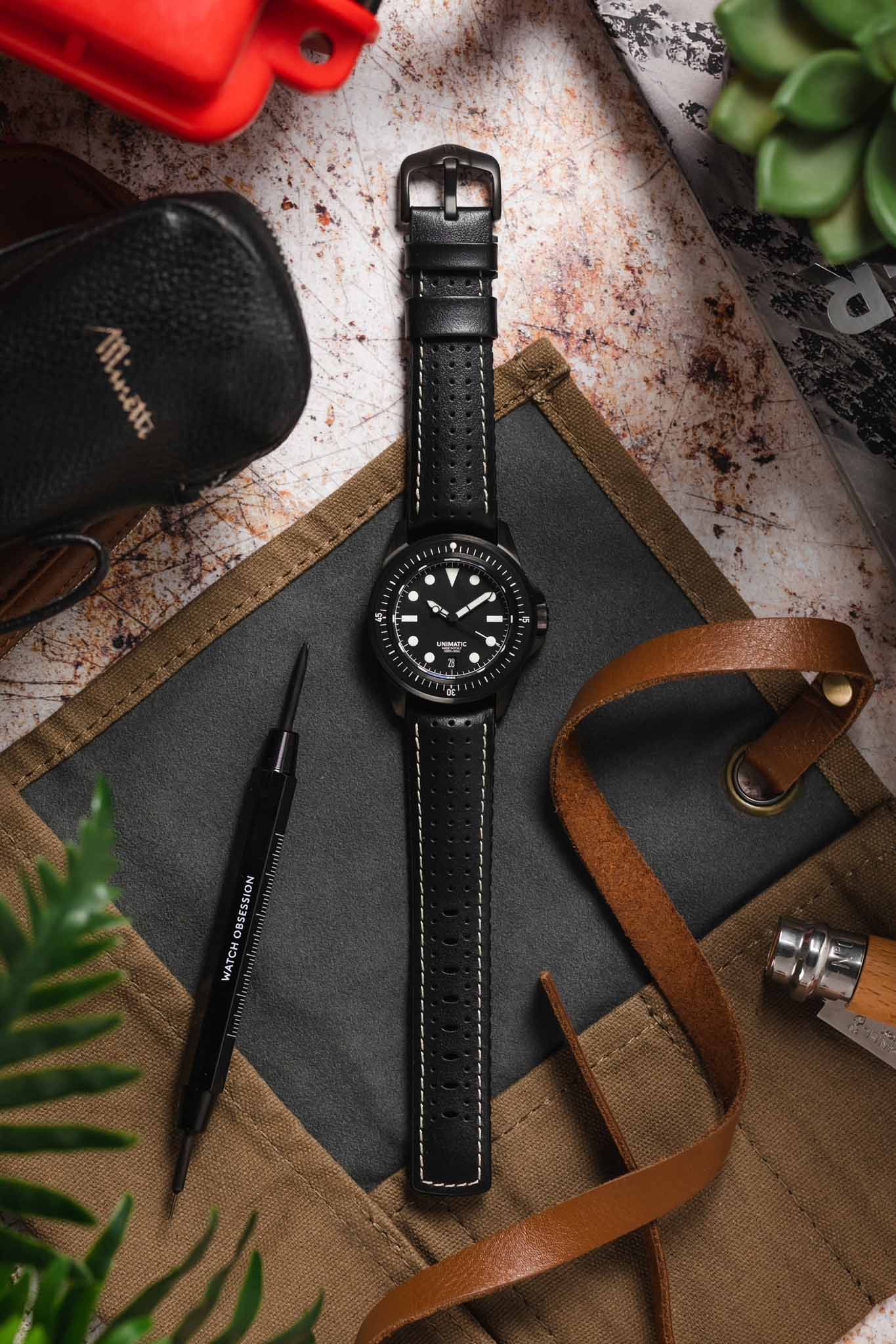 Hirsch TIGER Perforated Leather Performance Watch Strap in BLACK - Image 6