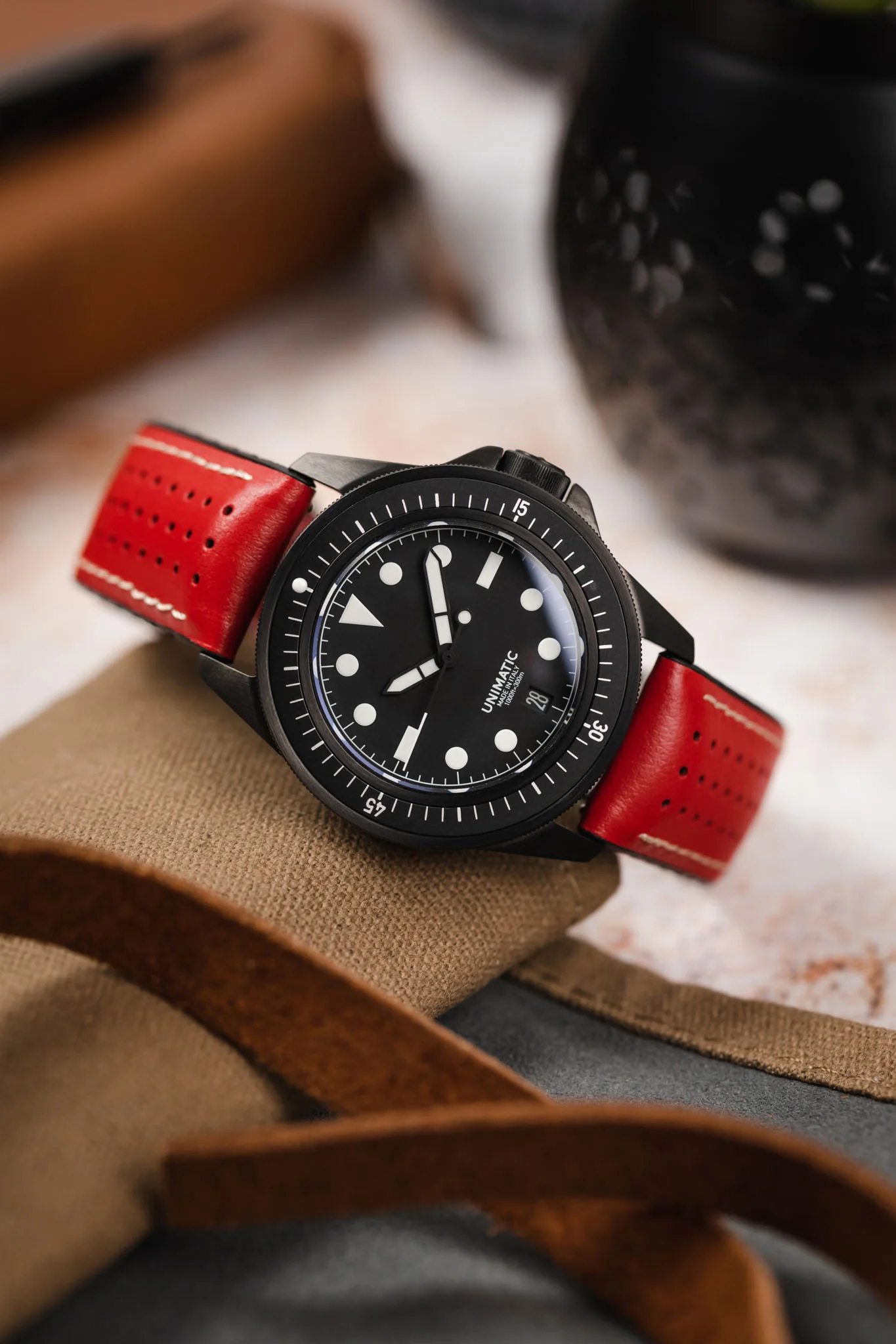 Hirsch TIGER Perforated Leather Performance Watch Strap in RED - Image 4