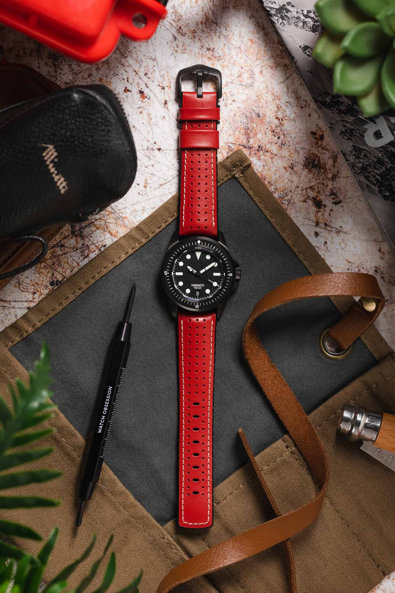 Hirsch TIGER Perforated Leather Performance Watch Strap in RED - Image 6