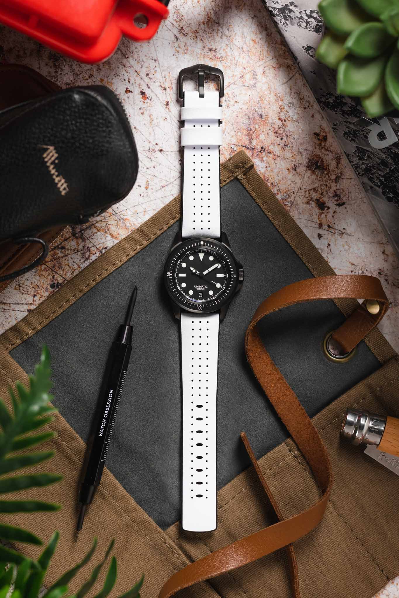 Hirsch TIGER Perforated Leather Performance Watch Strap in WHITE - Image 6